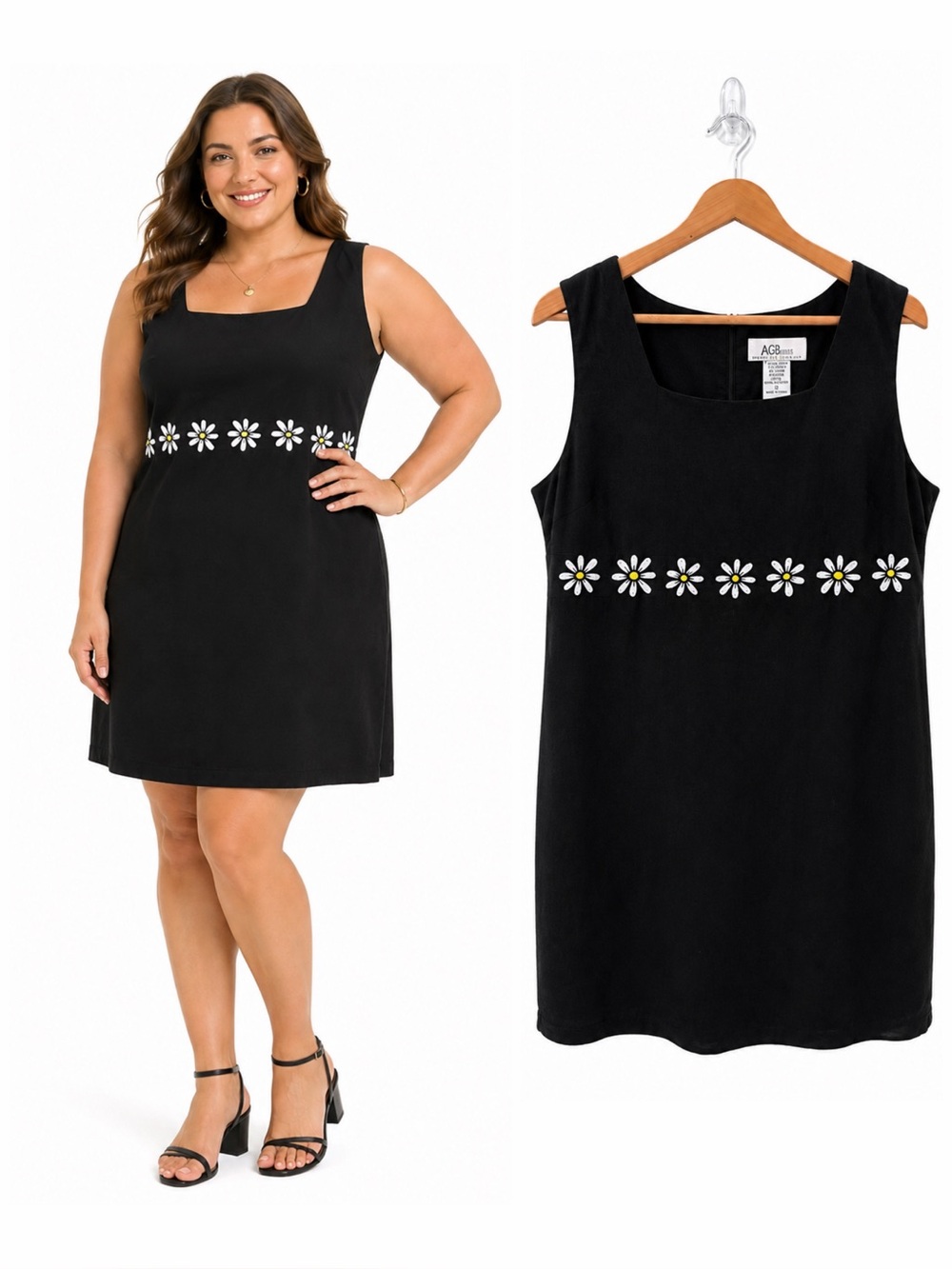 Vintage 90s AGB Black Daisy Embroidered Linen Blend Mini Shift Dress 10